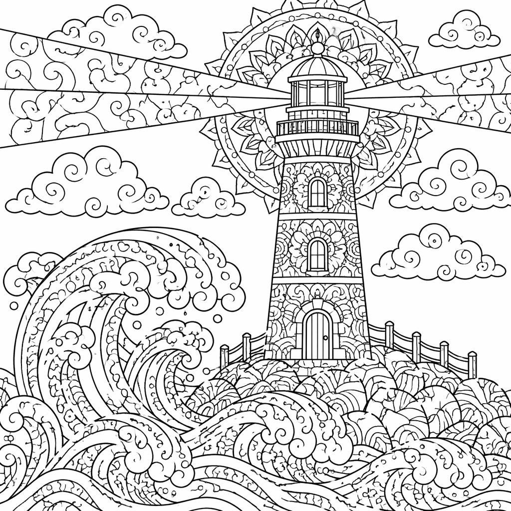Ilustración para colorear en blanco y negro de un faro con olas, estilo caricatura tierna y detalle intrincado.