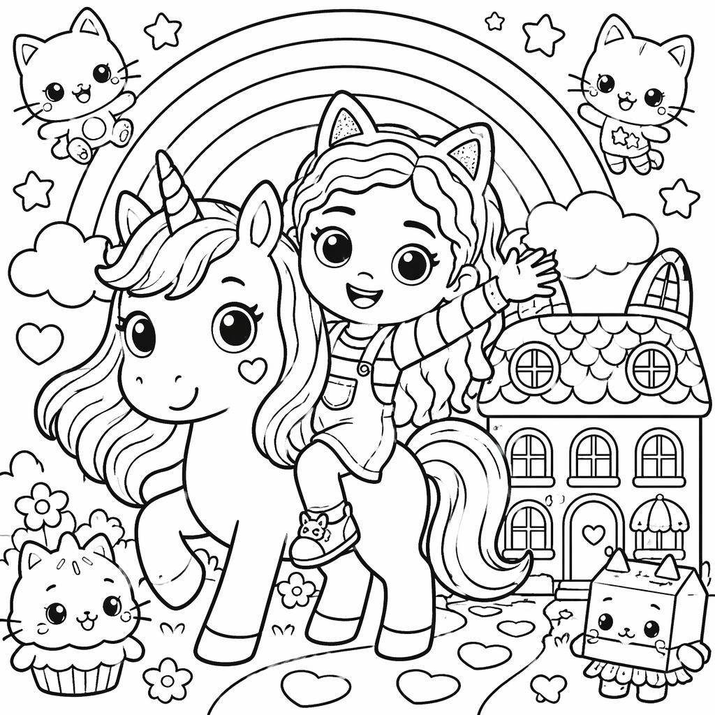 Black-and-white coloring page with a cute unicorn and rainbow in chunky manga-style outlines for young kids.