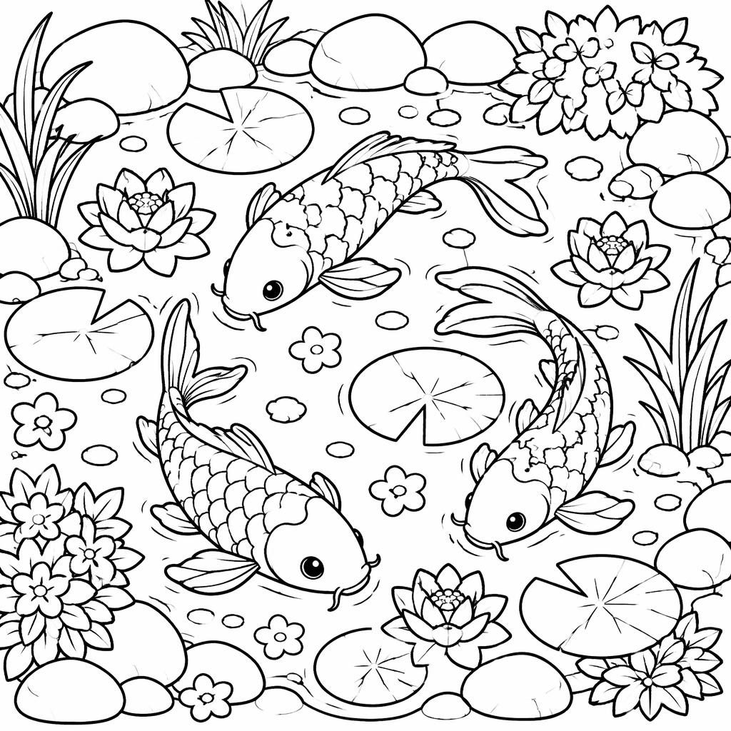 Ilustración para colorear en blanco y negro de un estanque koi con peces grandes, líneas gruesas y estilo tierno.