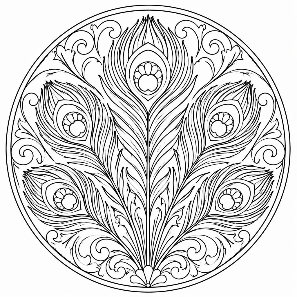 Schwarz-weiße Ausmalvorlage mit detaillierten Pfauenfedern im Jugendstil, klare Konturen, ohne Schattierung