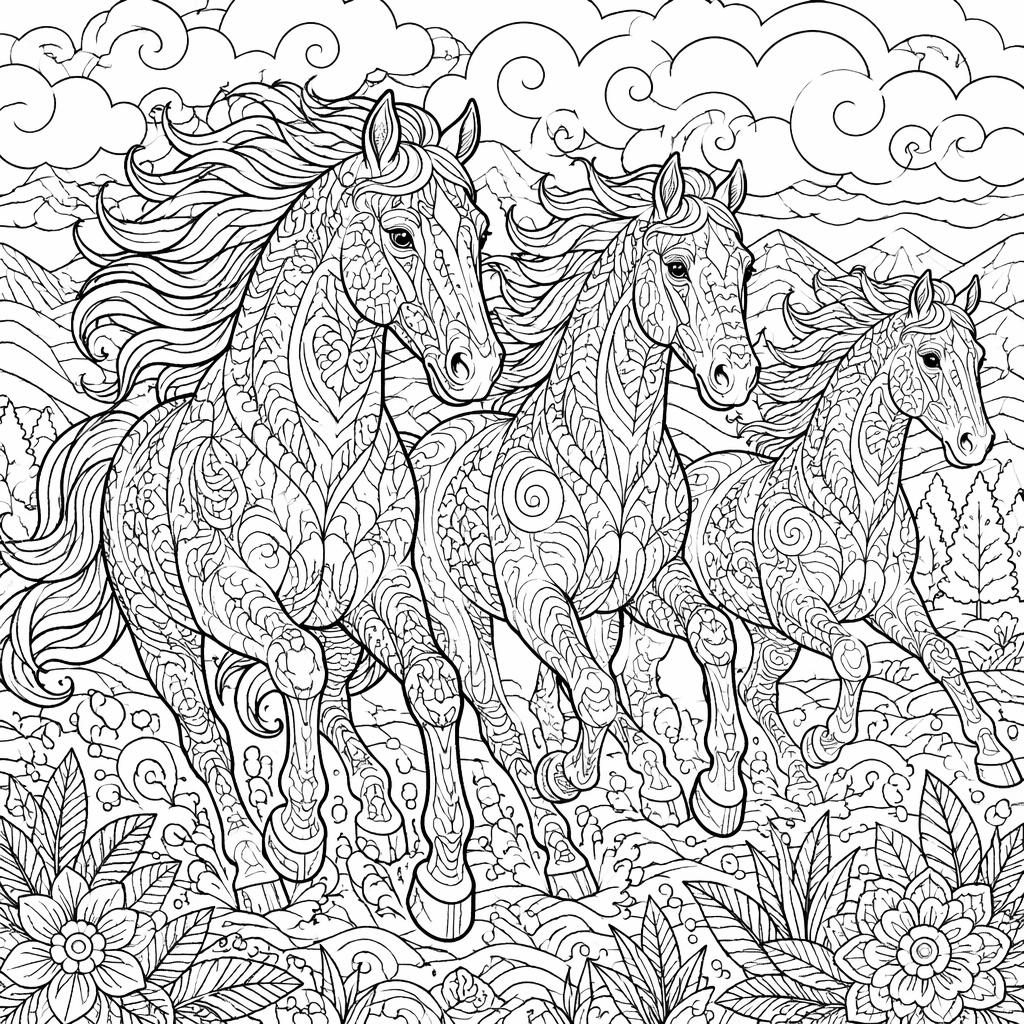 Schwarz-weiße Ausmalbild-Illustration mit mehreren galoppierenden Pferden im detailreichen Zentangle-Line-Art-Stil.