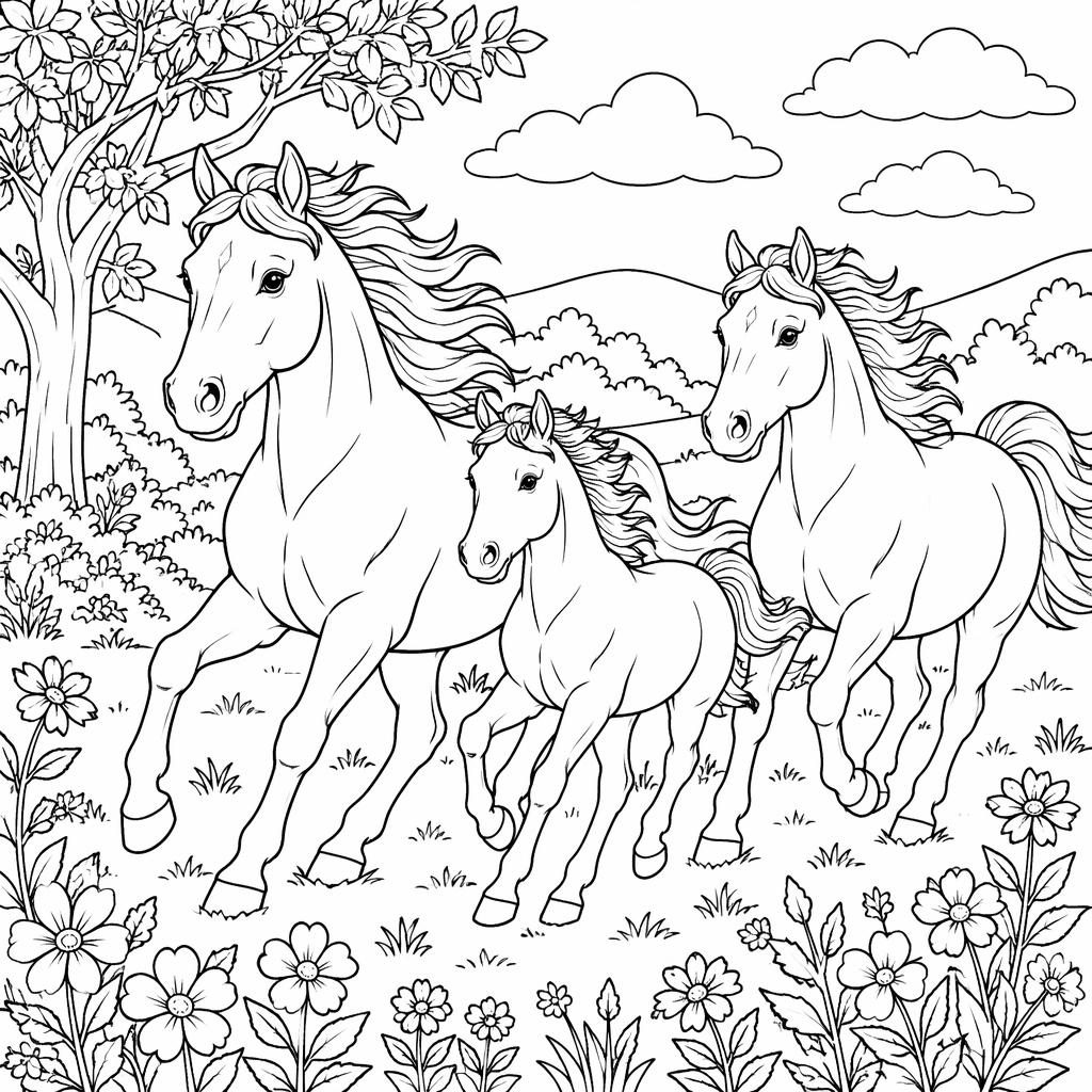 Ilustración lineal en blanco y negro de caballos corriendo, con contornos simples y fondo blanco para colorear.