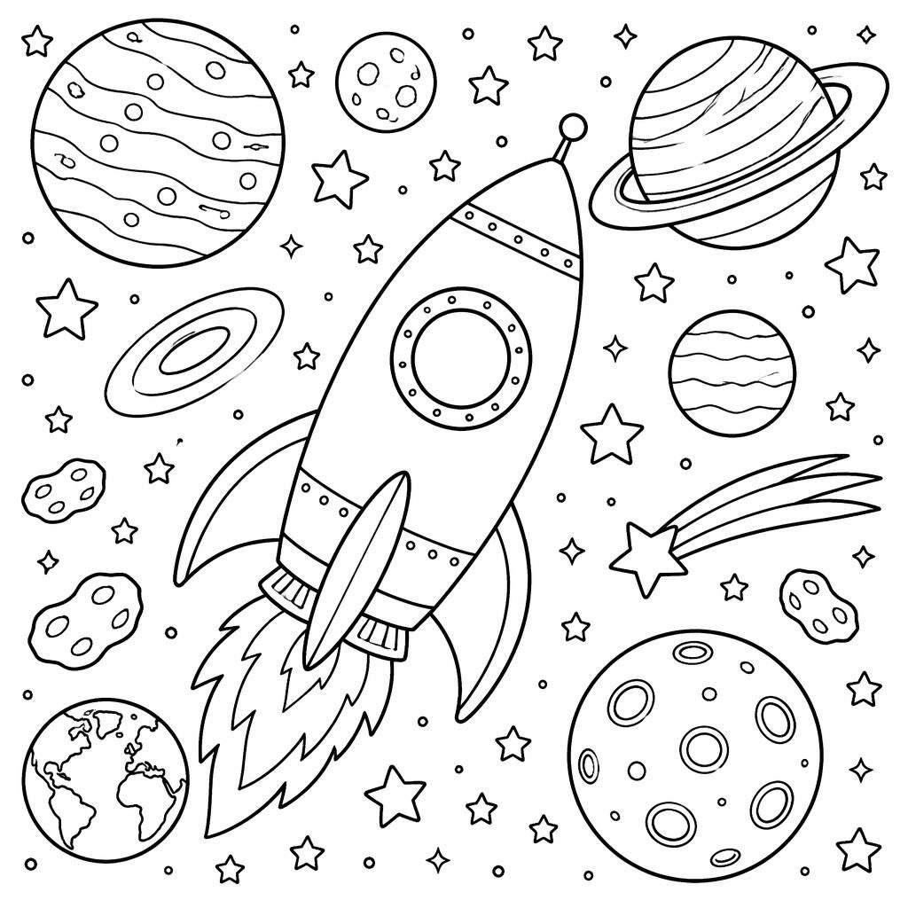 Illustration noir et blanc à colorier avec une fusée spatiale, des planètes et des éléments décoratifs pour enfants.