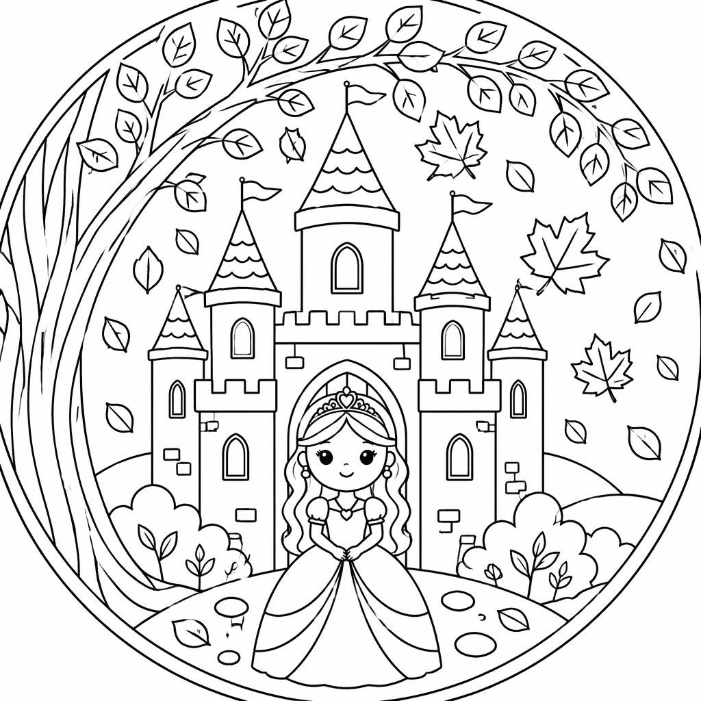 Illustration noir et blanc d’un château de princesse féerique pour enfants, style mandala simple, contours nets.