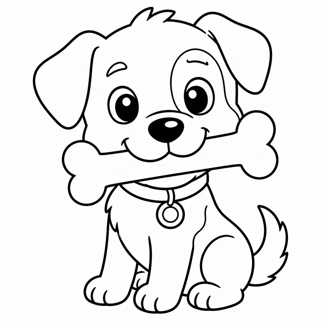 Ilustración infantil en blanco y negro de un perro tierno con un hueso, estilo caricatura simple para colorear.