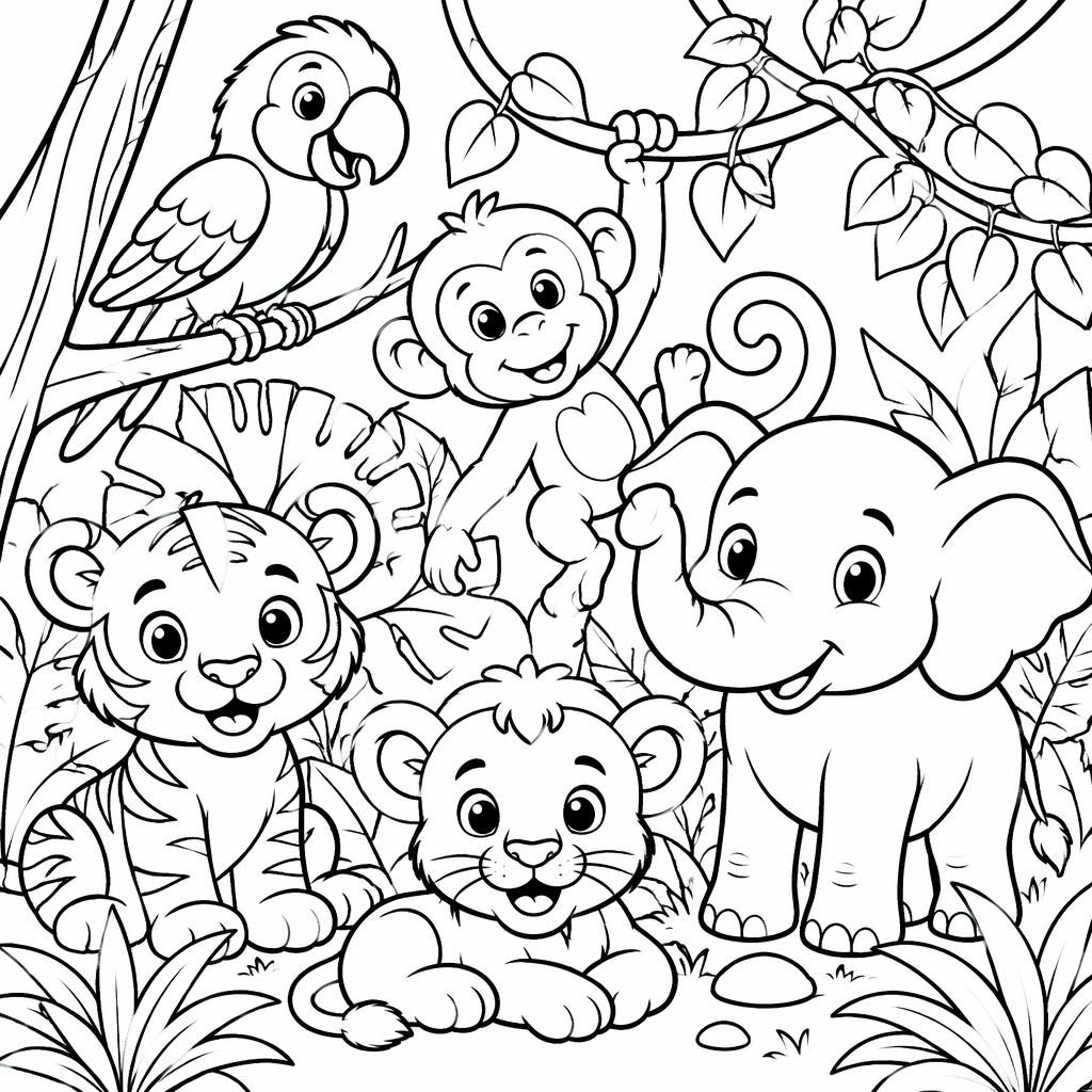 Illustration noir et blanc à imprimer avec de jeunes animaux de la jungle, contours épais, formes fermées, style coloriage pour enfants.