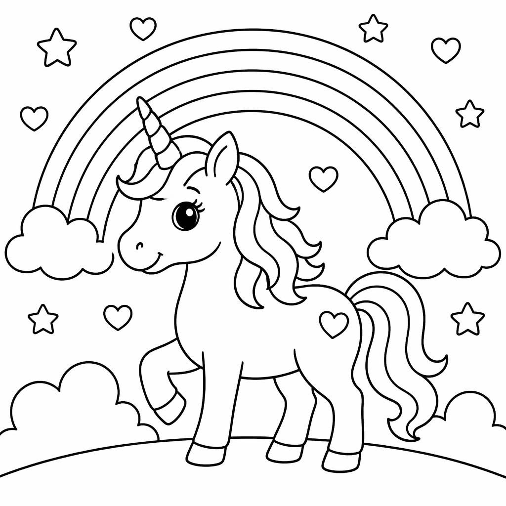 Ilustración en blanco y negro de un unicornio simple con arcoíris, estilo infantil, contornos limpios para colorear.