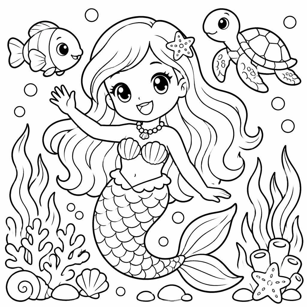 Black-and-white coloring page of a cute mermaid under the sea with simple chunky outlines, fish, and bubbles.