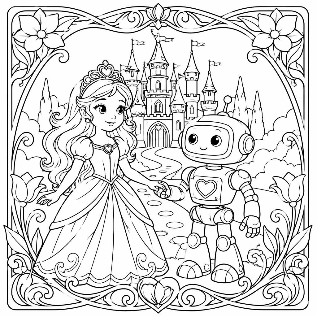 Illustration noir et blanc d’un château de princesse féerique pour enfants, en line art détaillé à colorier.