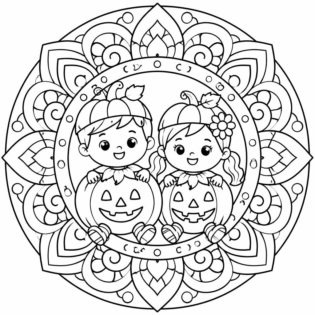 Ilustración en blanco y negro de niños con calabazas de Halloween, estilo doodle simple para colorear.