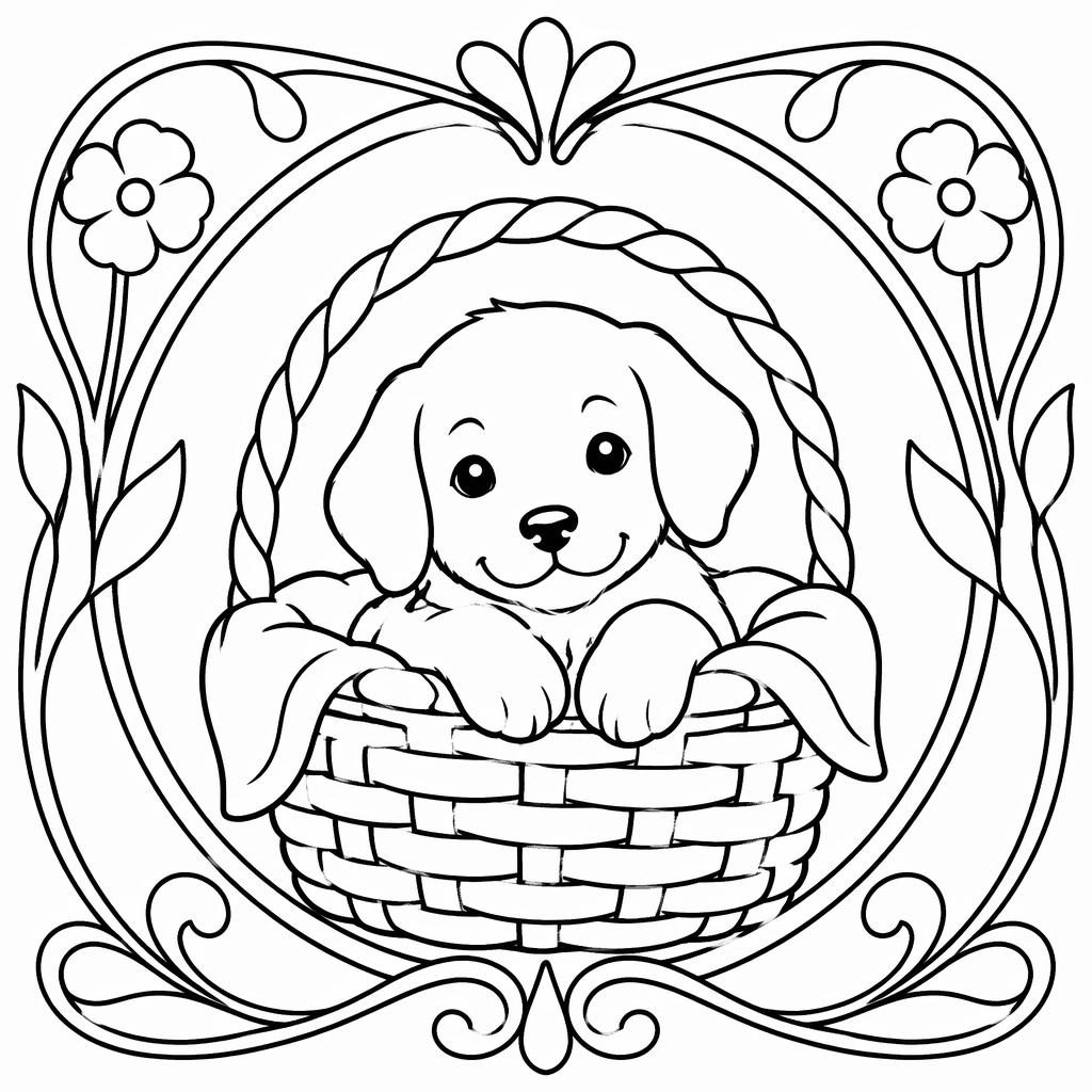 Schwarz-weiße einfache Ausmalillustration mit einem Welpen im Korb und Kindern im Jugendstil