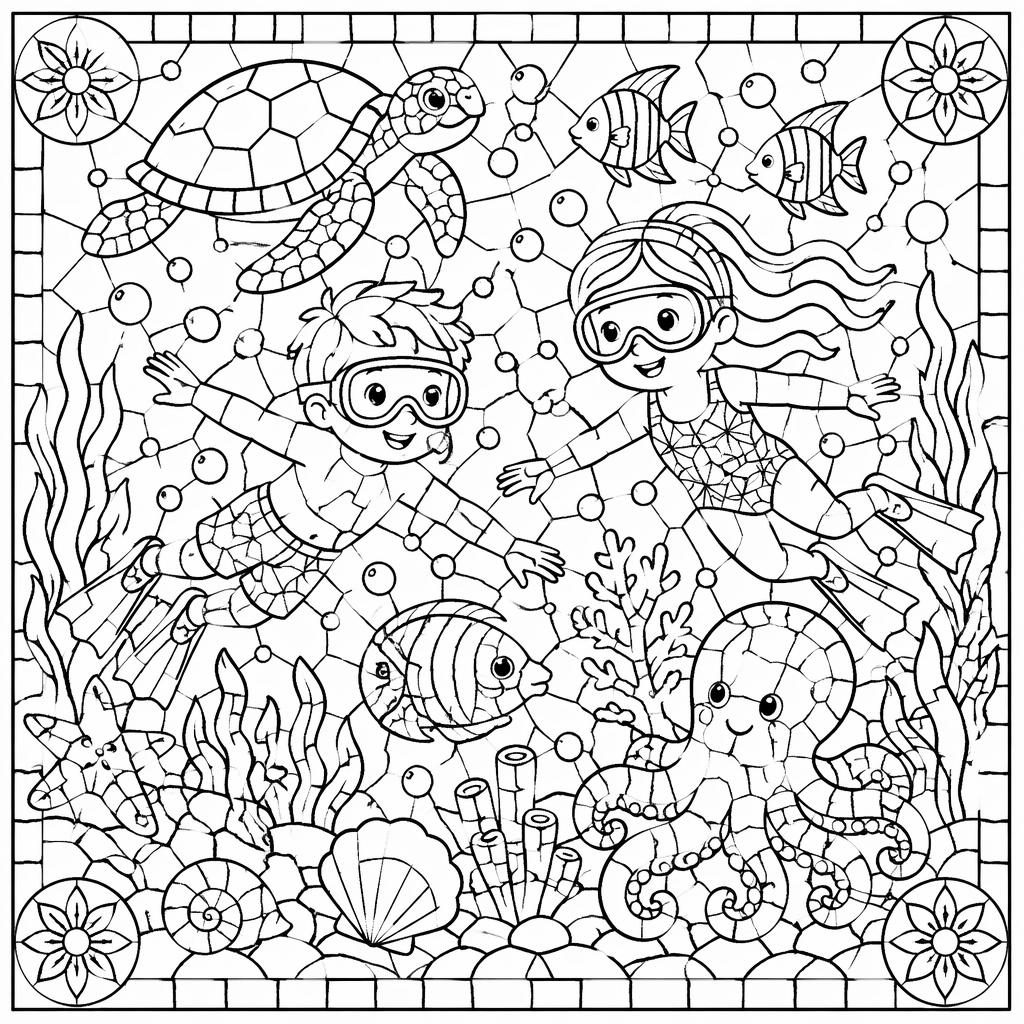 Illustration noir et blanc d’une scène sous-marine pour enfants, style mandala géométrique, prête à colorier.
