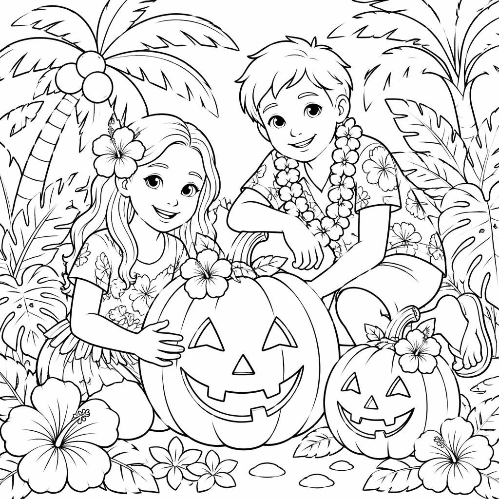 Black-and-white coloring page of kids with Halloween pumpkins in a botanical line-art style, clean printable outlines.