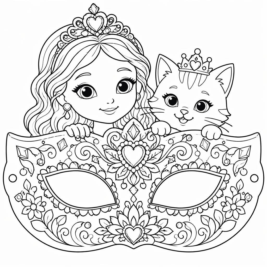 Schwarz-weiße Ausmalbild-Illustration mit verspielter Katze und Kindern im Mandala-Stil, klare Konturen auf Weiß.