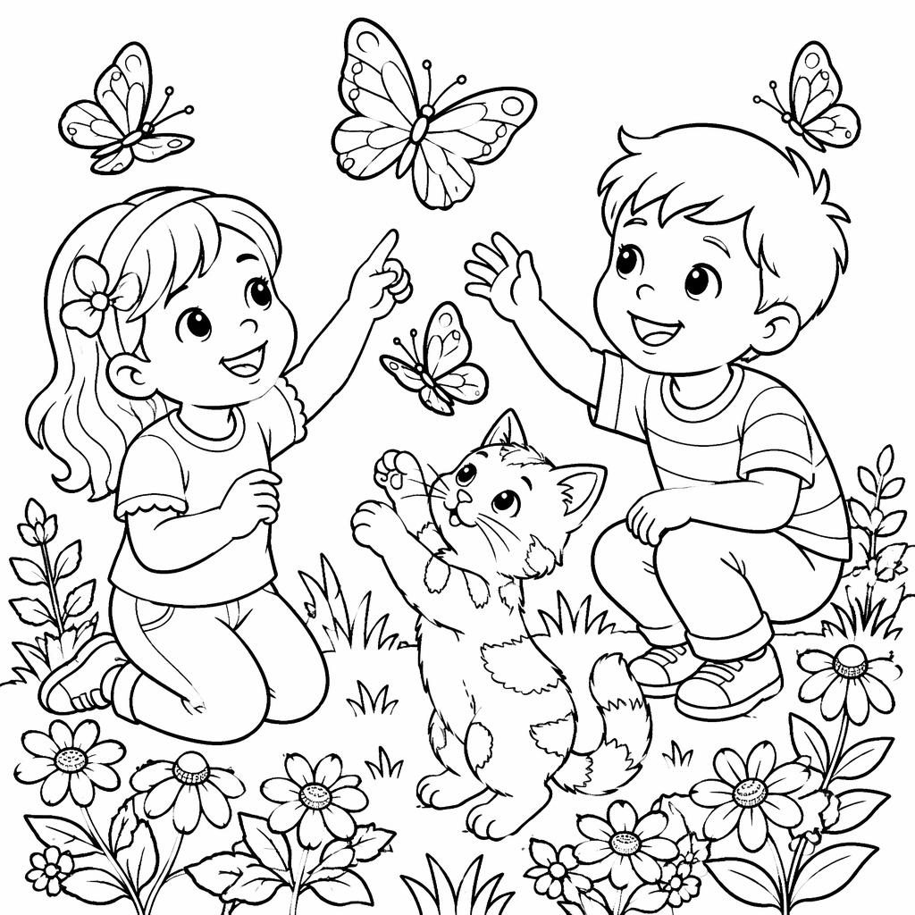 Black-and-white coloring page of playful kids with a cat in clean line art on a white background.