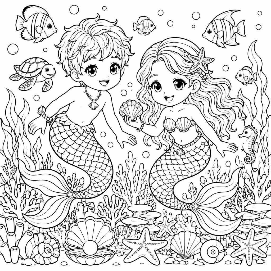 Schwarz-weißes Ausmalbild mit Meerjungfrau, Kindern und Unterwasserszene im detailreichen Manga-Linienstil.
