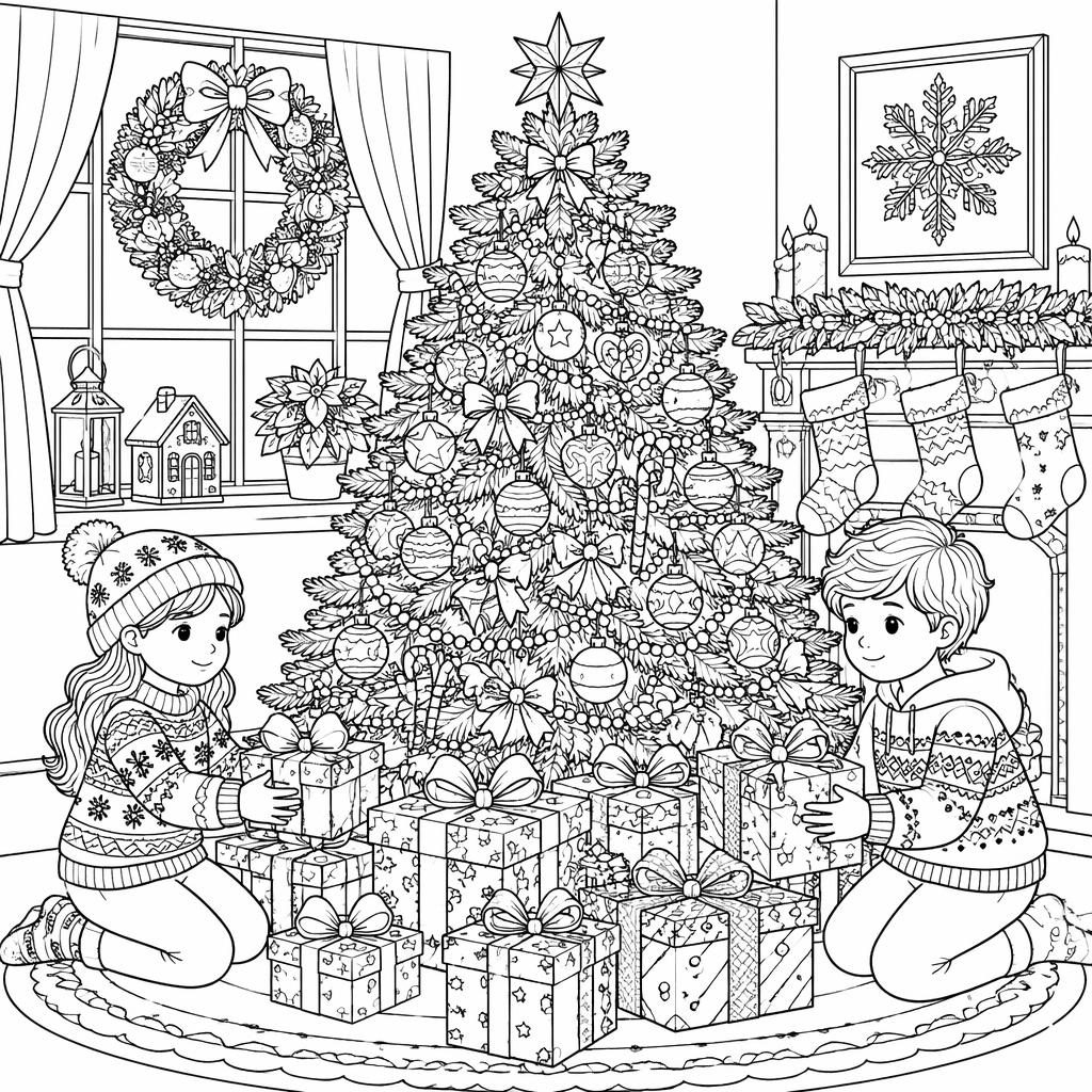 Ilustración para colorear en blanco y negro con árbol de Navidad, regalos y niños, en line art detallado.