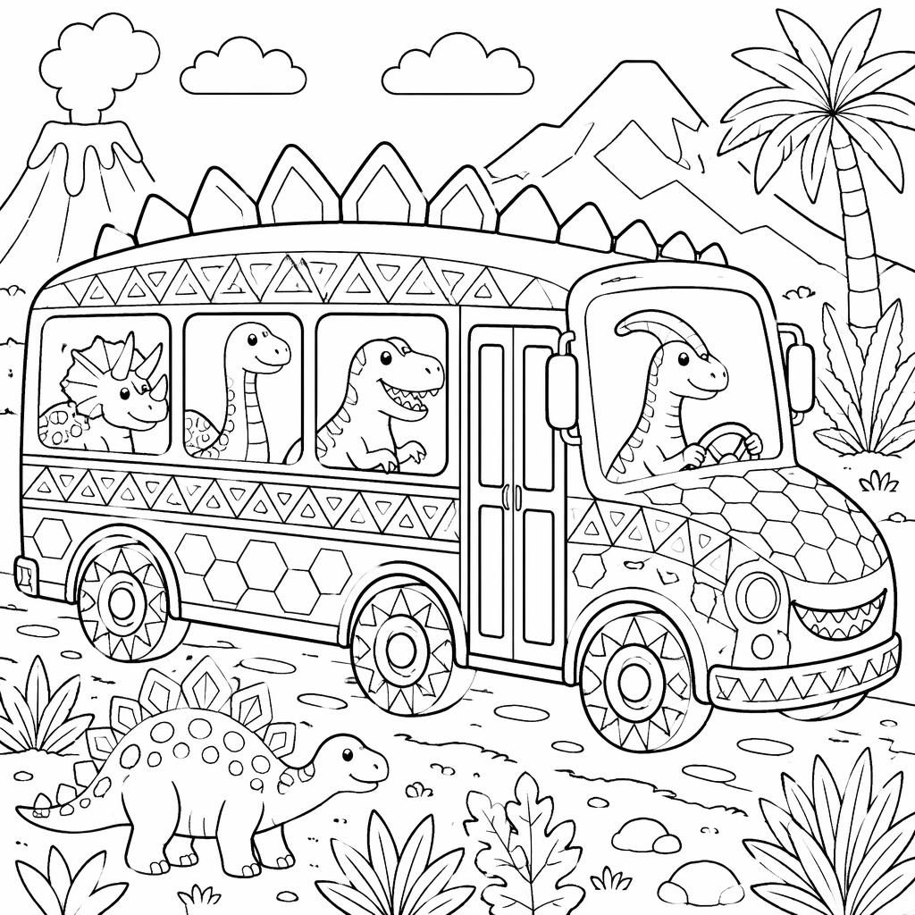Ilustración en blanco y negro de un autobús con escenas de dinosaurios para colorear, estilo mandala geométrico.