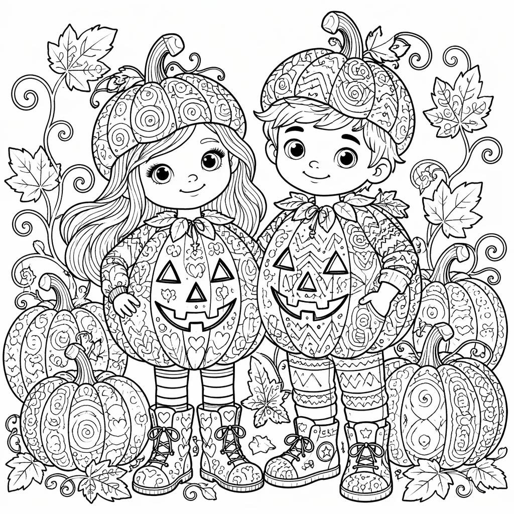 Schwarz-weißes Ausmalbild mit Kindern und Halloween-Kürbis im detailreichen Zentangle-Linienstil.