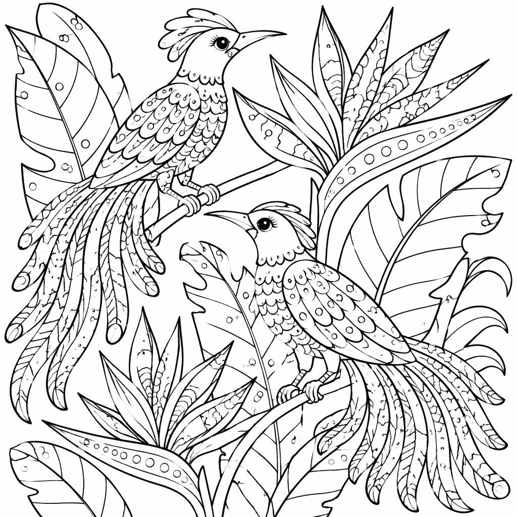 Schwarz-weiße Ausmalseite mit einfachen Paradiesvögeln im Doodle-Stil, klare Konturen auf weißem Hintergrund.