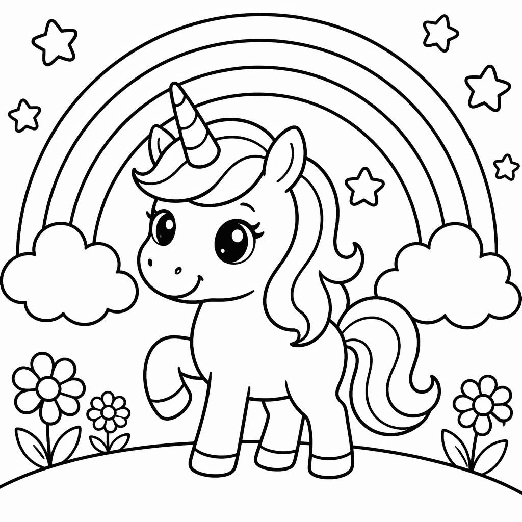 Black-and-white coloring page of a simple unicorn under a rainbow, with chunky outlines and clean white background.