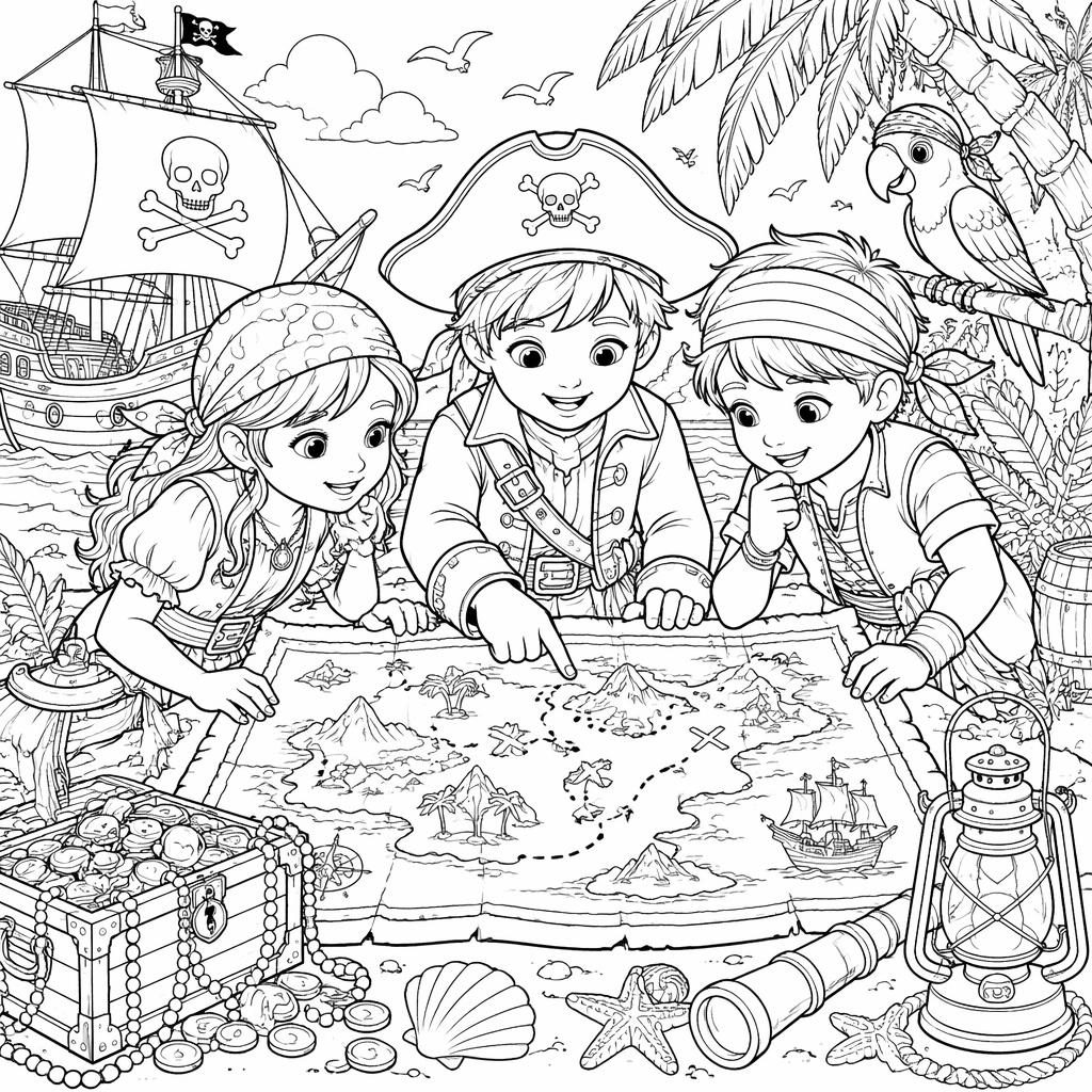 Schwarz-weiße Ausmalseite mit kindgerechten Piratenkindern, Schatzkarte und vielen detailreichen Mustern.
