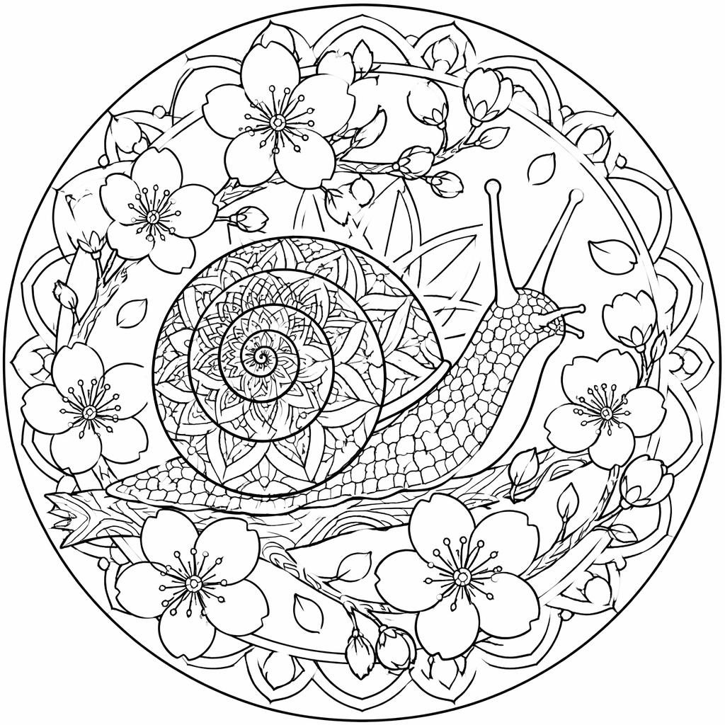 Ilustración en blanco y negro de flores de cerezo japonesas con patrón mandala y contornos limpios para colorear.