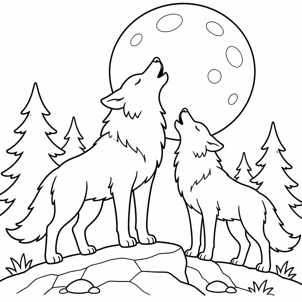 Illustration à colorier en noir et blanc de loups adultes hurlant à la lune, style manga simple, contours épais.