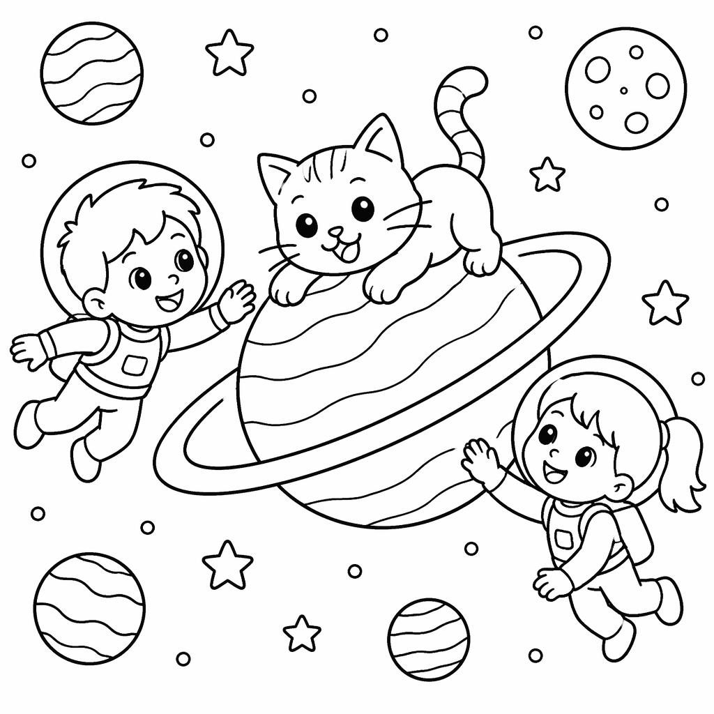 Schwarz-weißes Ausmalbild mit spielender Katze, fröhlichen Kindern und einfachen Planeten im Hintergrund