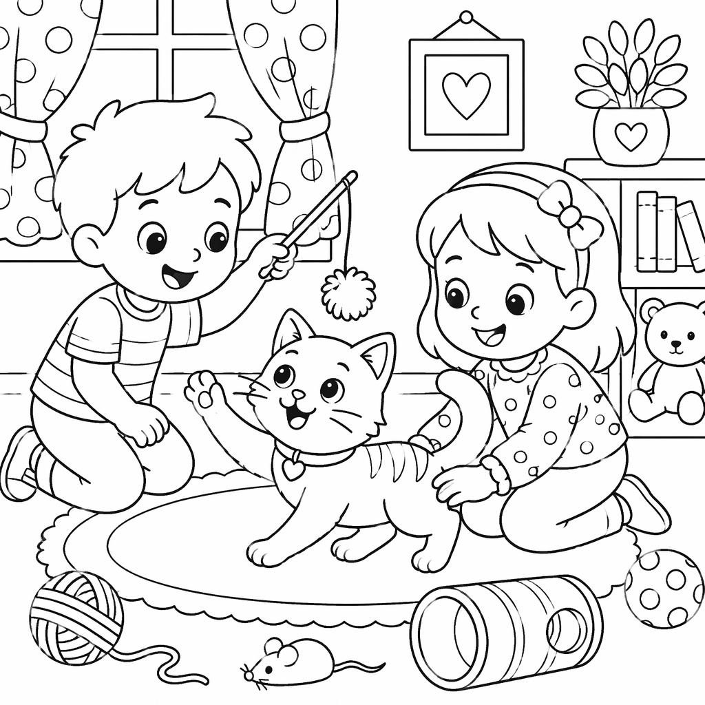 Black-and-white coloring page line art of a cute cat playing with cheerful kids in a clean cartoon style.