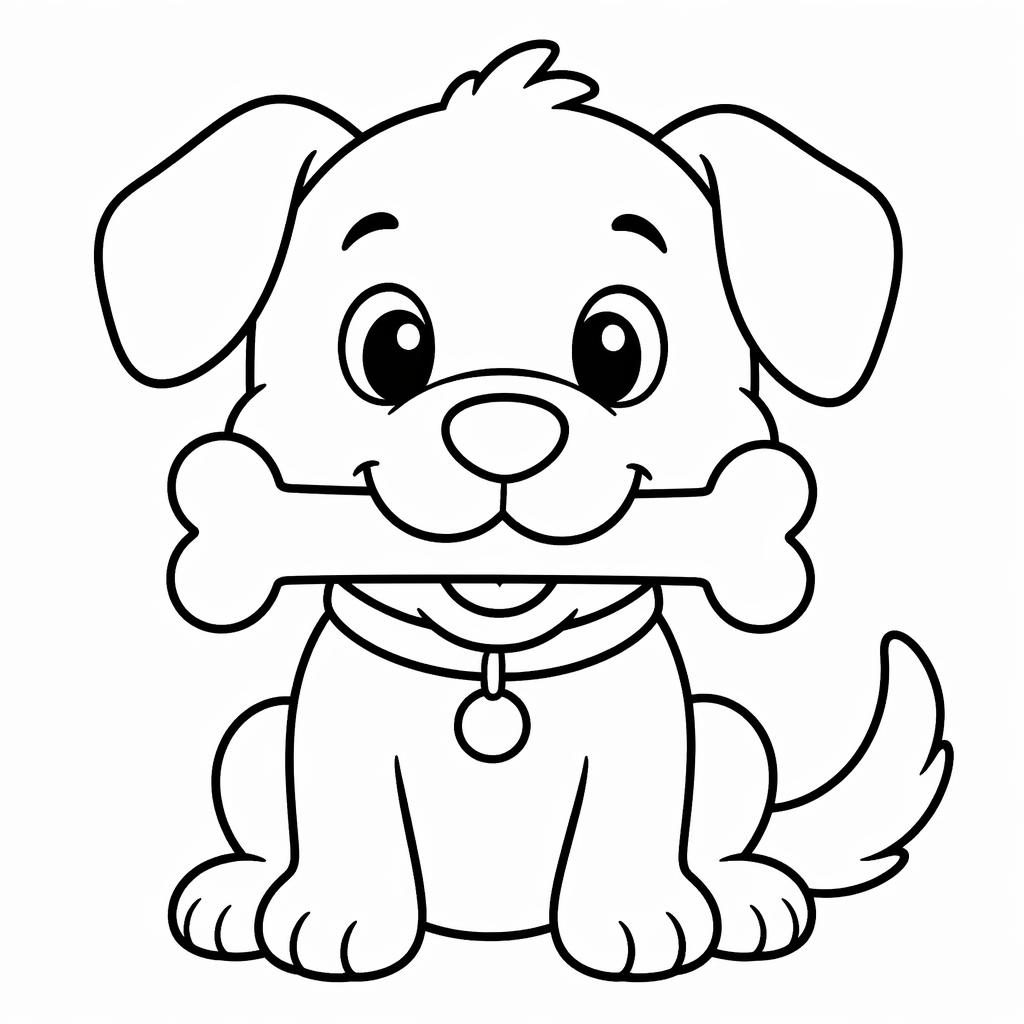 Schwarz-weiße Ausmalbild-Illustration mit einem niedlichen Hund und Knochen im einfachen Cartoonstil für Kinder.