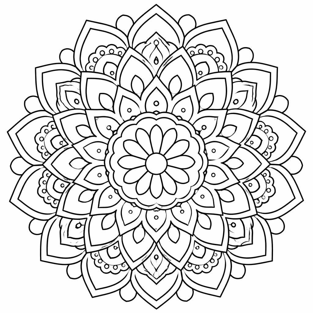 Illustration en noir et blanc d’un mandala simple, contours épais, formes fermées, style page de coloriage imprimable.