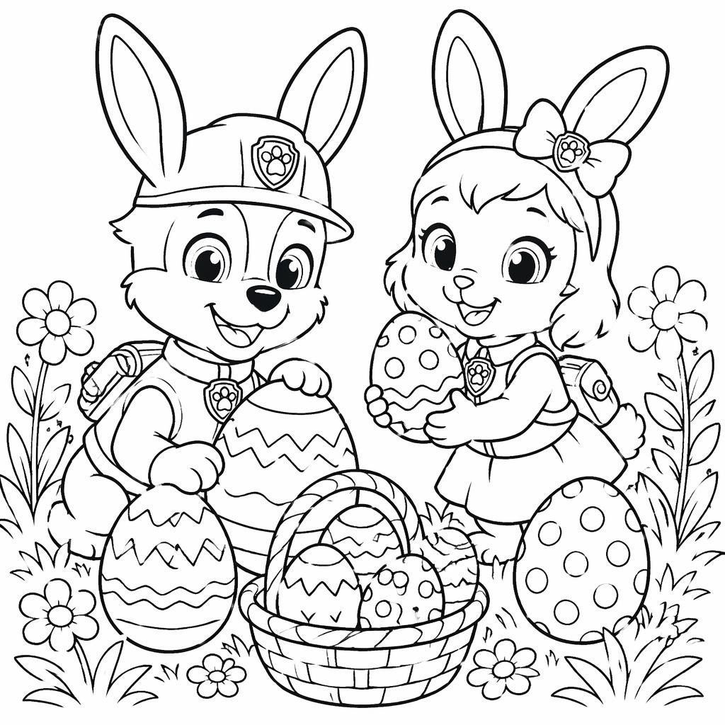 Schwarz-weiße Ausmalseite mit Hasenkindern und Ostereiern im manga-inspirierten Line-Art-Stil.