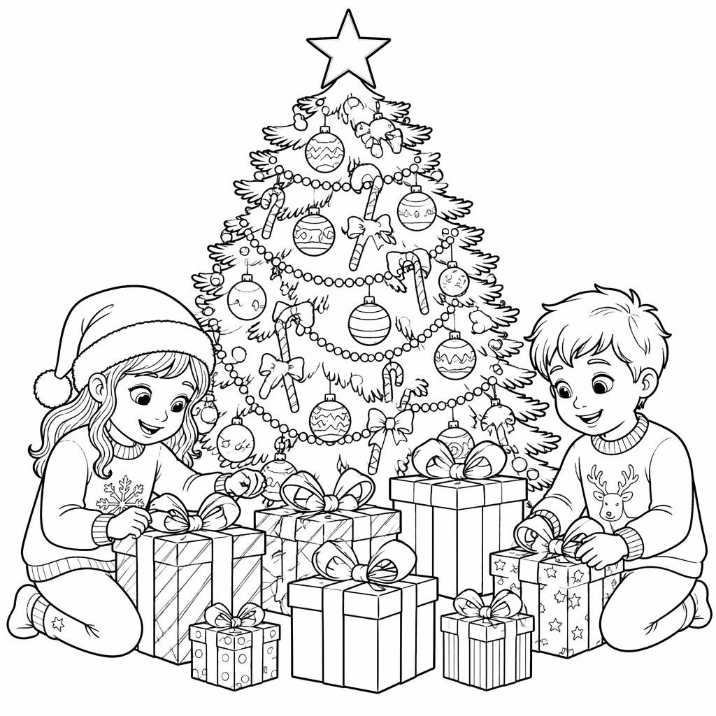 Ilustración para colorear en blanco y negro de un árbol de Navidad con regalos y niños, en estilo realista.