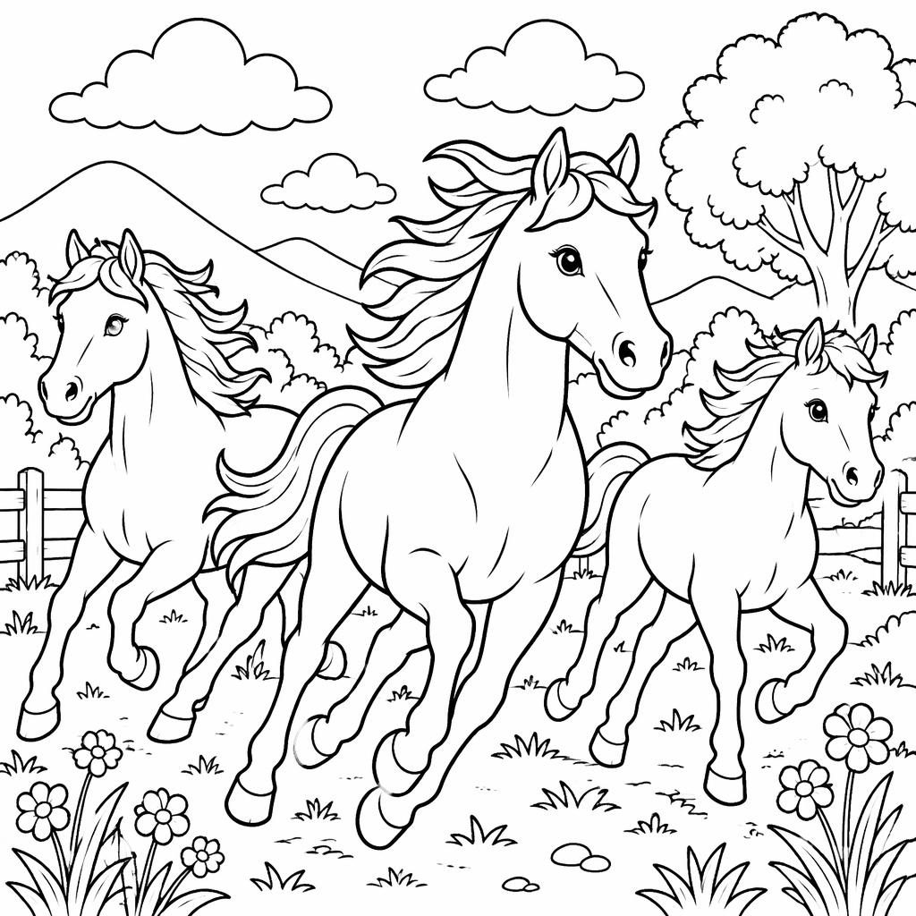 Ilustración para colorear en blanco y negro de caballos corriendo con estilo tierno y contornos limpios.