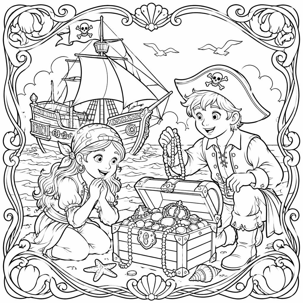 Ilustración para colorear en blanco y negro de un barco pirata con niños y tesoro, en estilo Art Nouveau.