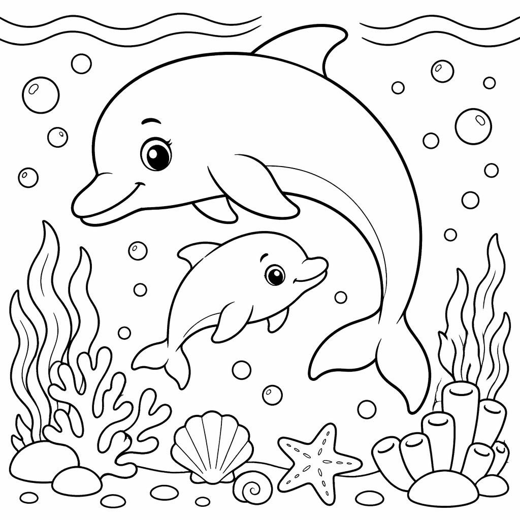 Ilustración en blanco y negro de una madre delfín con su cría, estilo manga, trazos limpios para colorear.