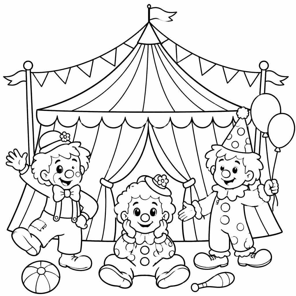 Black-and-white coloring page with a circus tent and cute clown kids in simple cartoon line art.