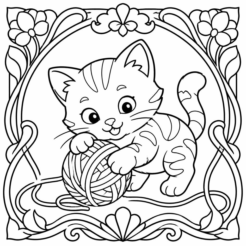 Illustration noir et blanc d’un chaton jouant avec une pelote, style art nouveau simple pour coloriage enfant