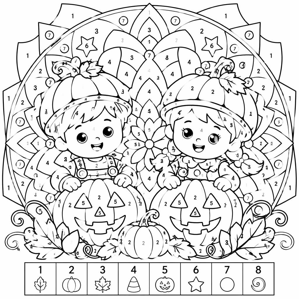 Ilustración en blanco y negro de niños con calabazas de Halloween, estilo mandala detallado para colorear.