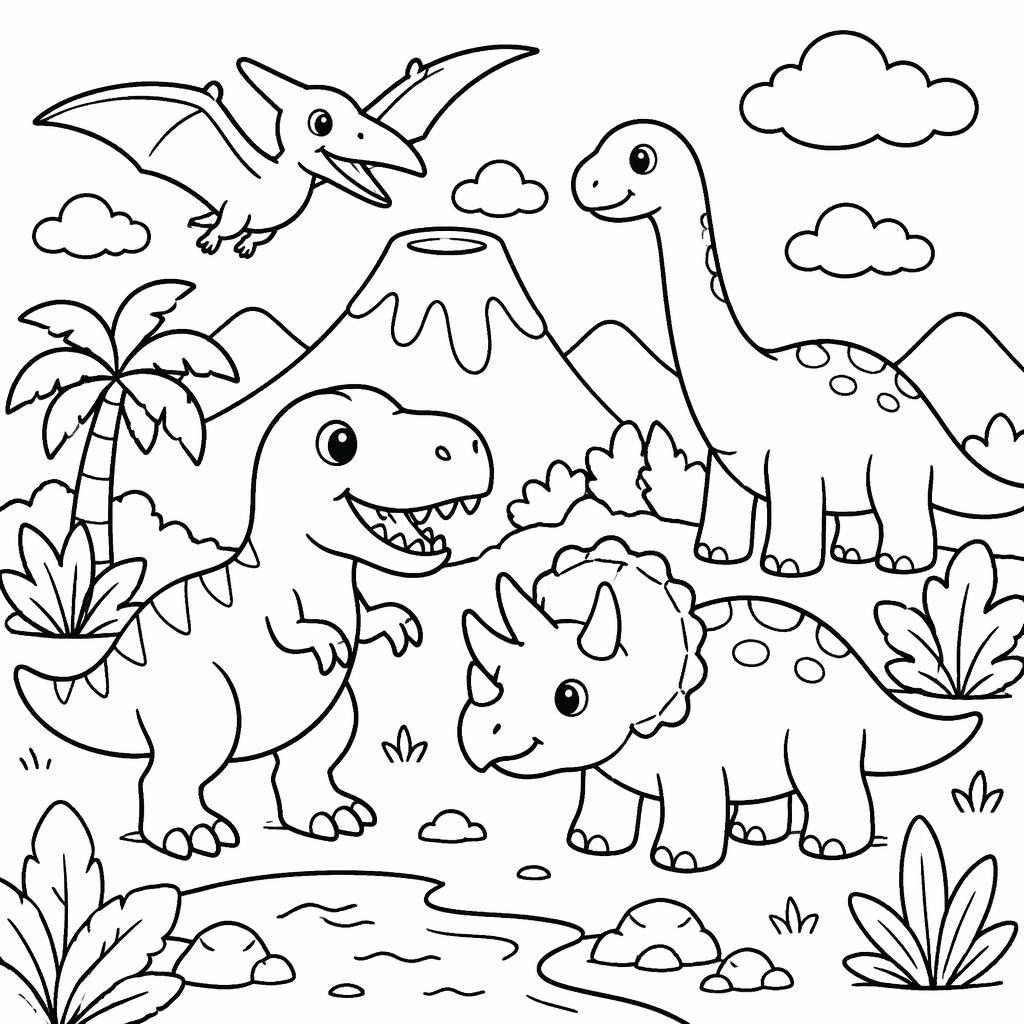Schwarz-weißes Ausmalbild mit einfachen Dinosaurier-Szenen für Kinder im manga-inspirierten Line-Art-Stil.
