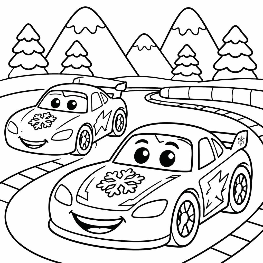 Black-and-white coloring page with cute cartoon racing cars in chunky outlines on a white background.