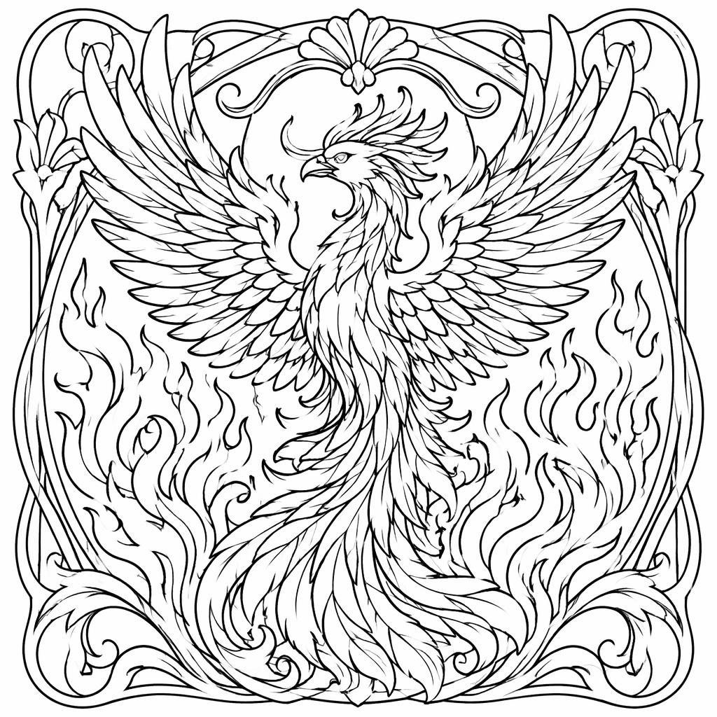 Black-and-white line art of an adult phoenix with flowing flames in an art nouveau coloring page style.