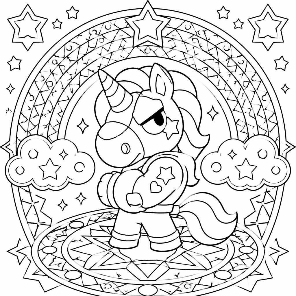 Schwarz-weiße Ausmalbild-Illustration mit Einhorn, Regenbogen und mandalaartigen Mustern für Kinder