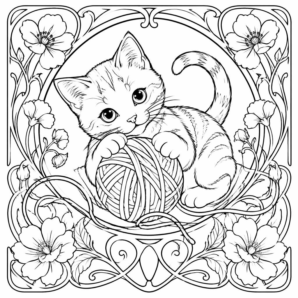 Ilustración para colorear en blanco y negro de un gatito con ovillo, líneas limpias y estilo art nouveau.