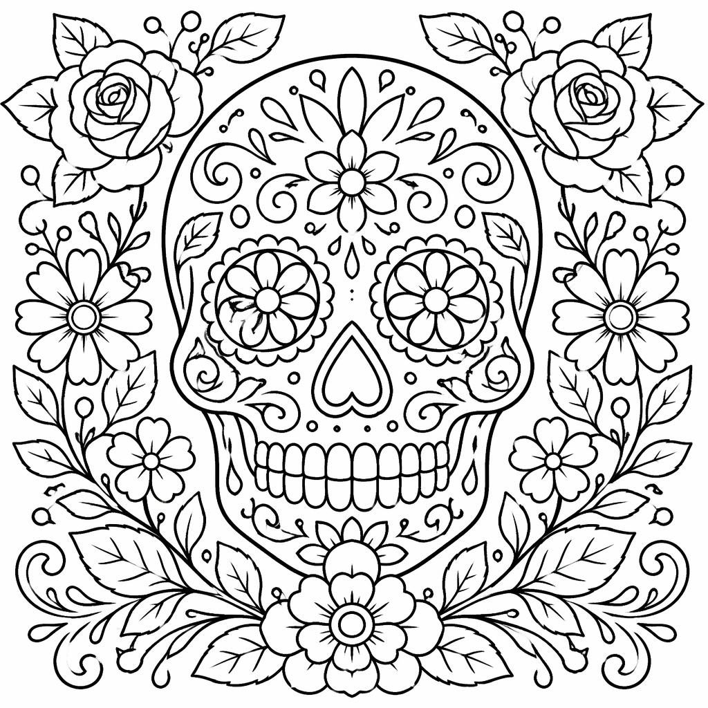 Ilustración para colorear en blanco y negro de una calavera de azúcar con detalles botánicos y contornos limpios.