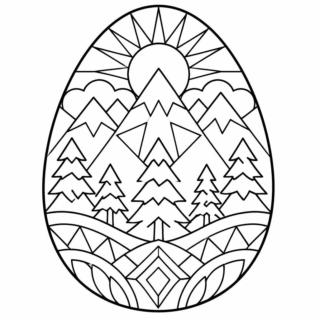 Ilustración para colorear en blanco y negro con montañas, pinos y formas geométricas simples estilo mandala.
