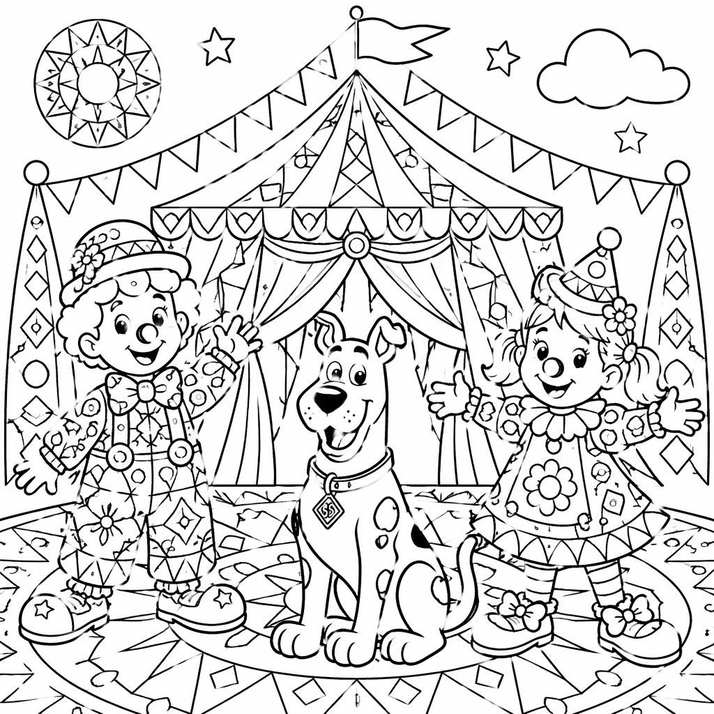 Black-and-white coloring page with a circus tent, clown kids, and mandala-style geometric line art.
