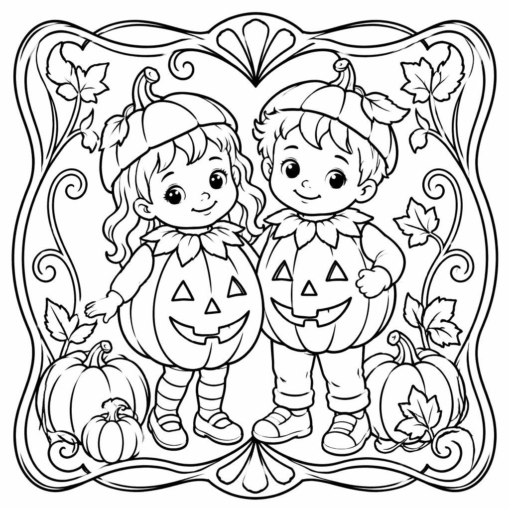 Black-and-white line art coloring page of kids with Halloween pumpkins in an art nouveau style, chunky outlines.