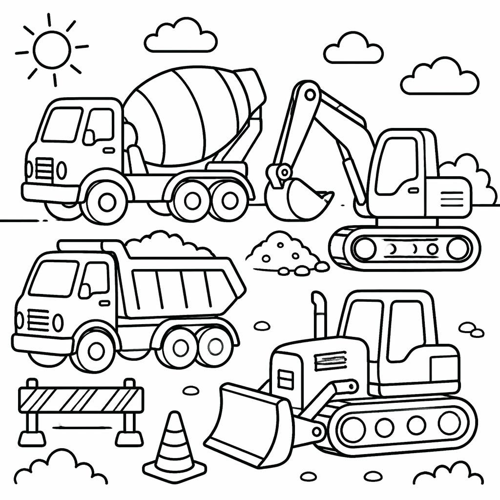 Schwarz-weiße Ausmalseite mit einfachen Baustellenfahrzeugen für Kinder, klare dicke Linien, weißer Hintergrund.